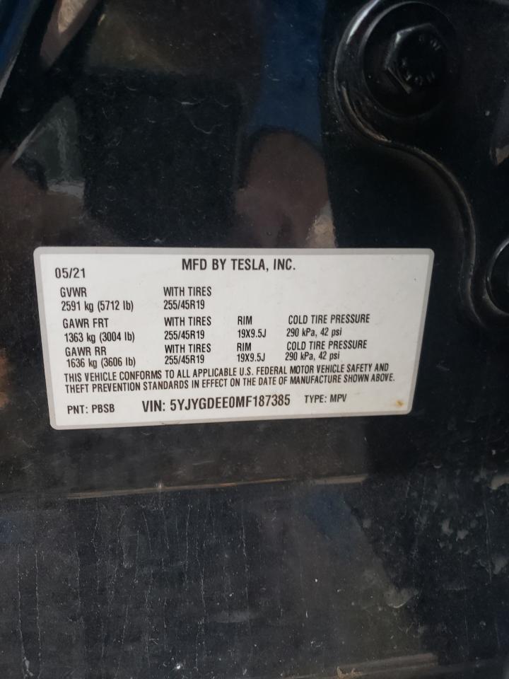 2021 Tesla Model Y VIN: 5YJYGDEE0MF187385 Lot: 72310394