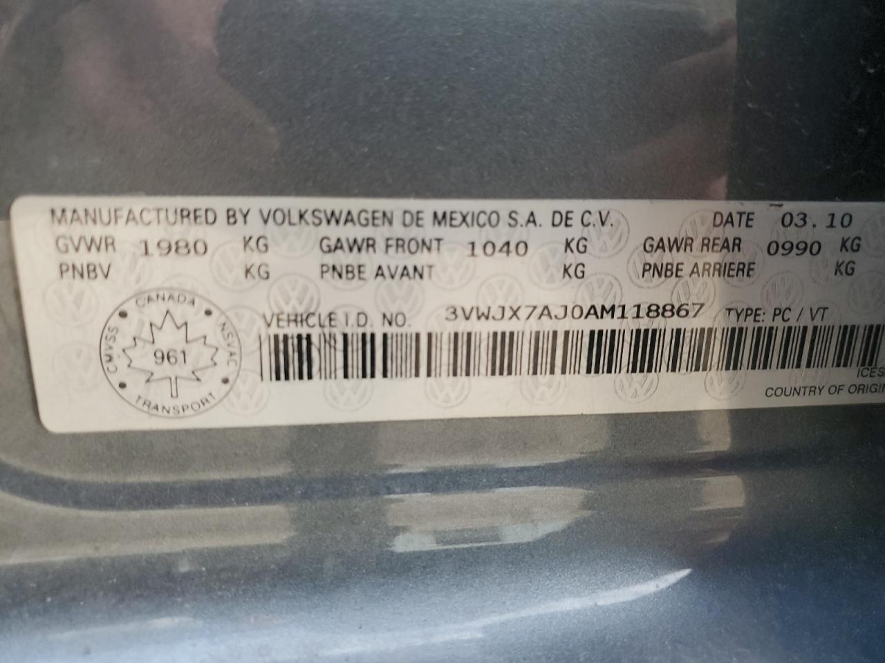 3VWJX7AJ0AM118867 2010 Volkswagen Jetta S