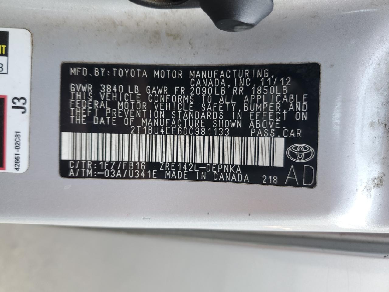 2013 Toyota Corolla Base VIN: 2T1BU4EE6DC981133 Lot: 84411535