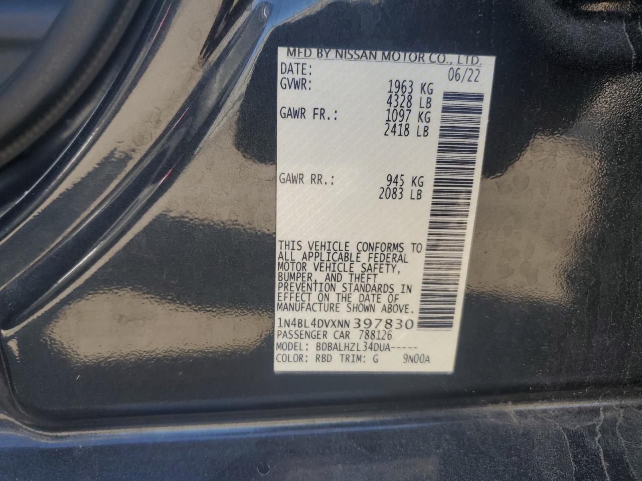 1N4BL4DVXNN397830 2022 Nissan Altima Sv