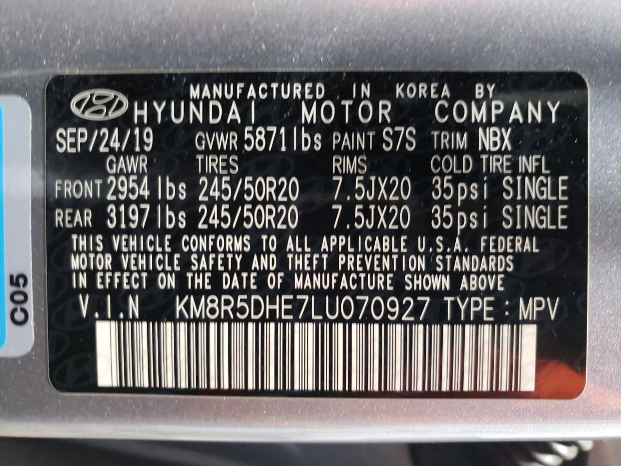 KM8R5DHE7LU070927 2020 Hyundai Palisade Limited