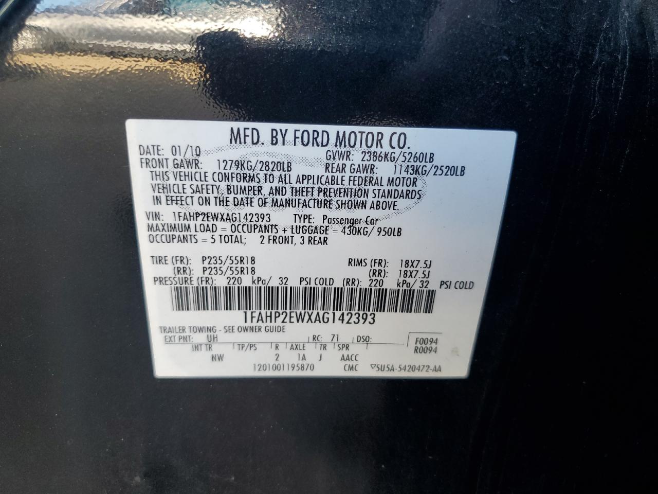 1FAHP2EWXAG142393 2010 Ford Taurus Sel