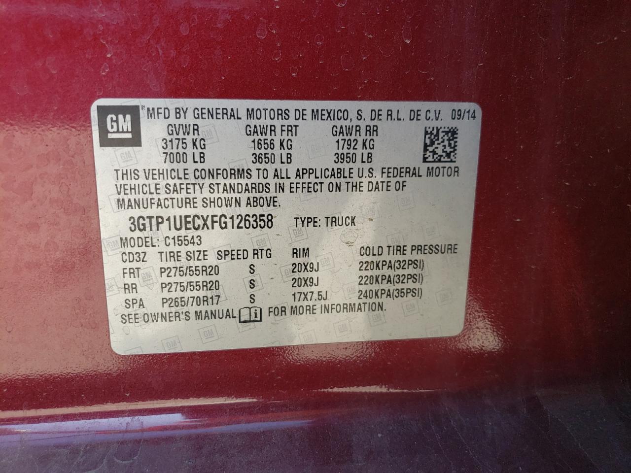 3GTP1UECXFG126358 2015 GMC Sierra C1500 Sle