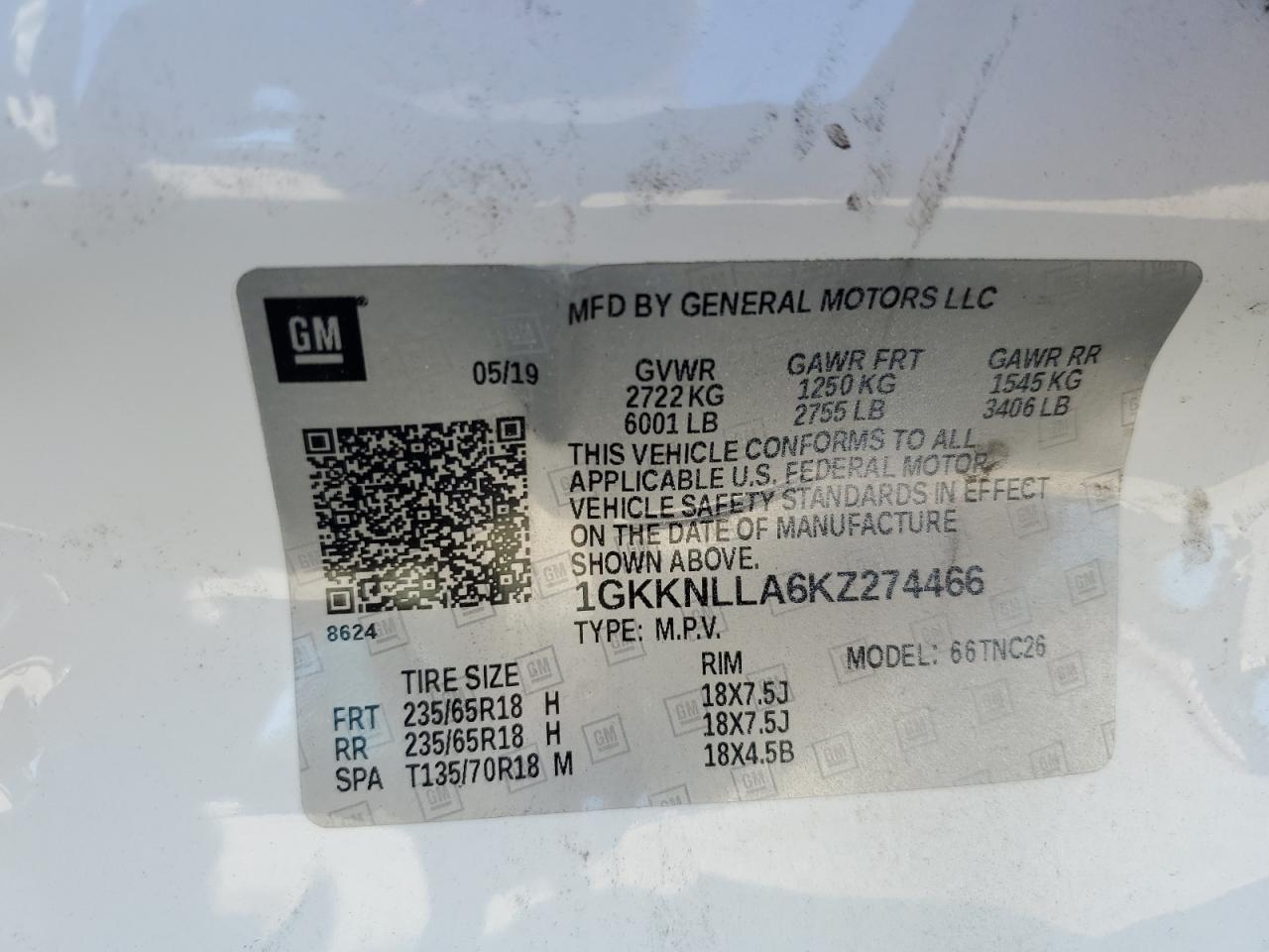 2019 GMC Acadia Sle VIN: 1GKKNLLA6KZ274466 Lot: 76394624