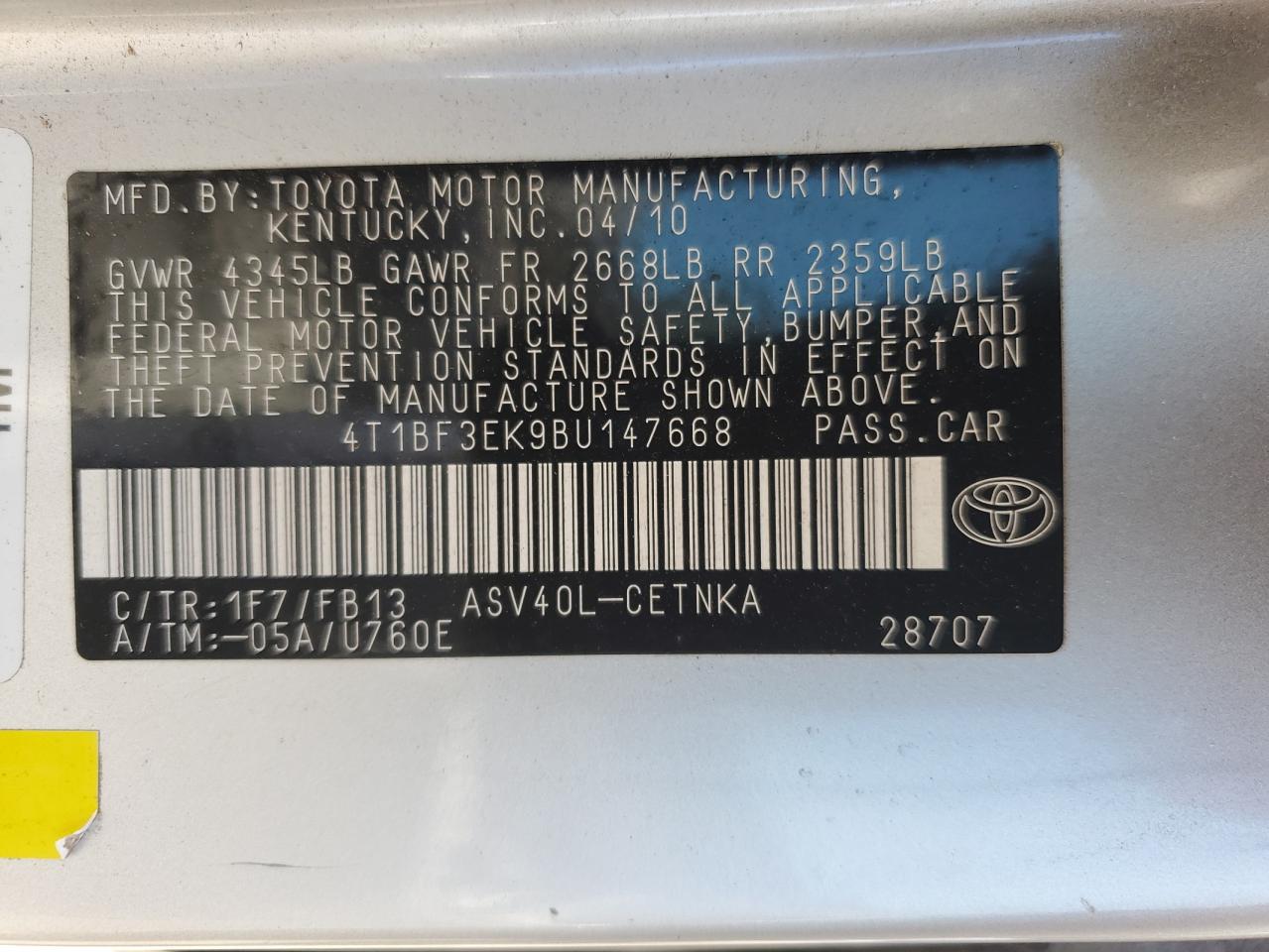 4T1BF3EK9BU147668 2011 Toyota Camry Base