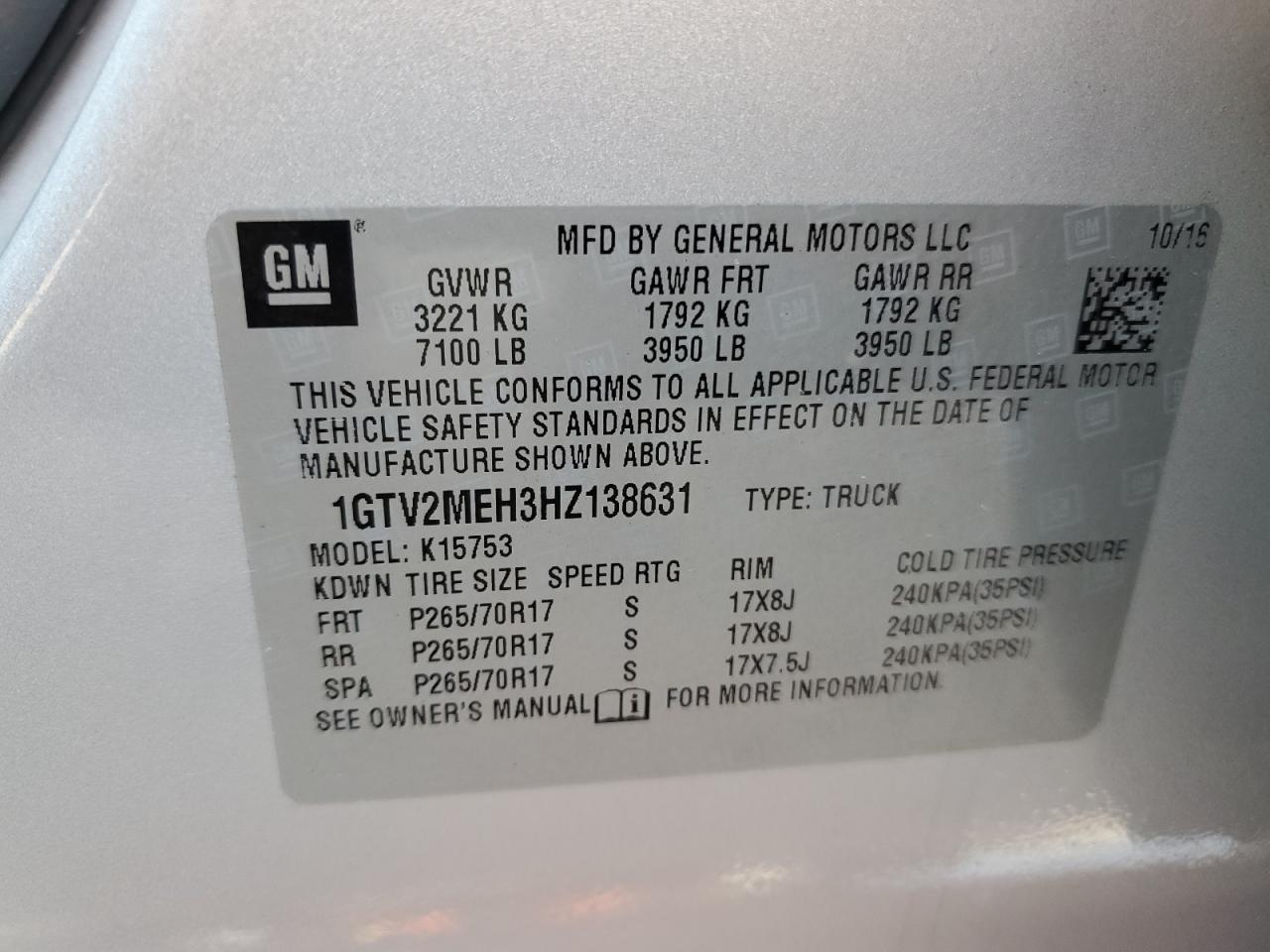 1GTV2MEH3HZ138631 2017 GMC Sierra K1500 Sle