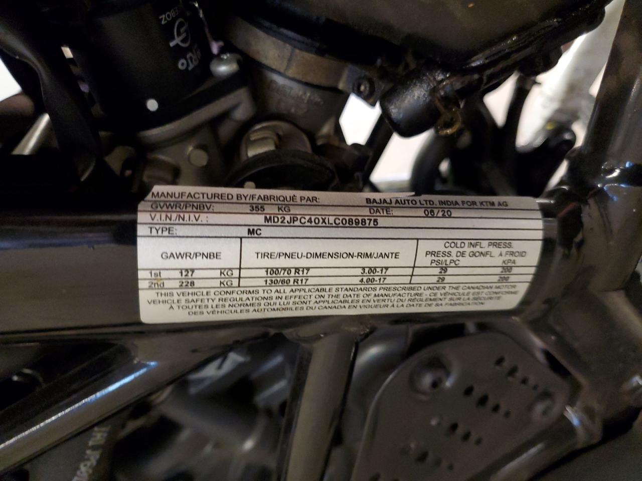 2020 Ktm 200 Duke VIN: MD2JPC40XLC089875 Lot: 72102585