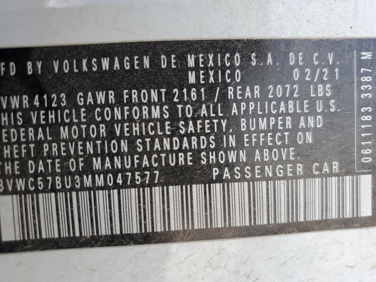 2021 Volkswagen Jetta S VIN: 3VWC57BU3MM047577 Lot: 73890314