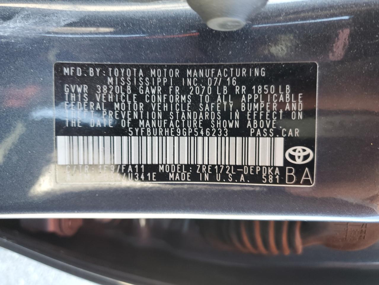 5YFBURHE9GP546233 2016 Toyota Corolla L