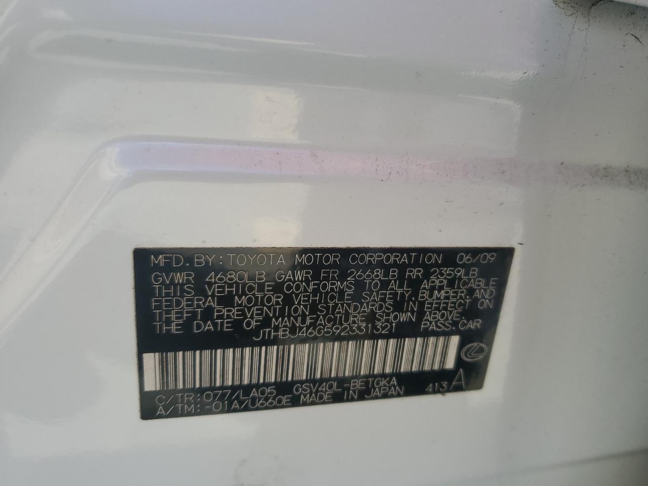 2009 Lexus Es 350 VIN: JTHBJ46G592331321 Lot: 73870564