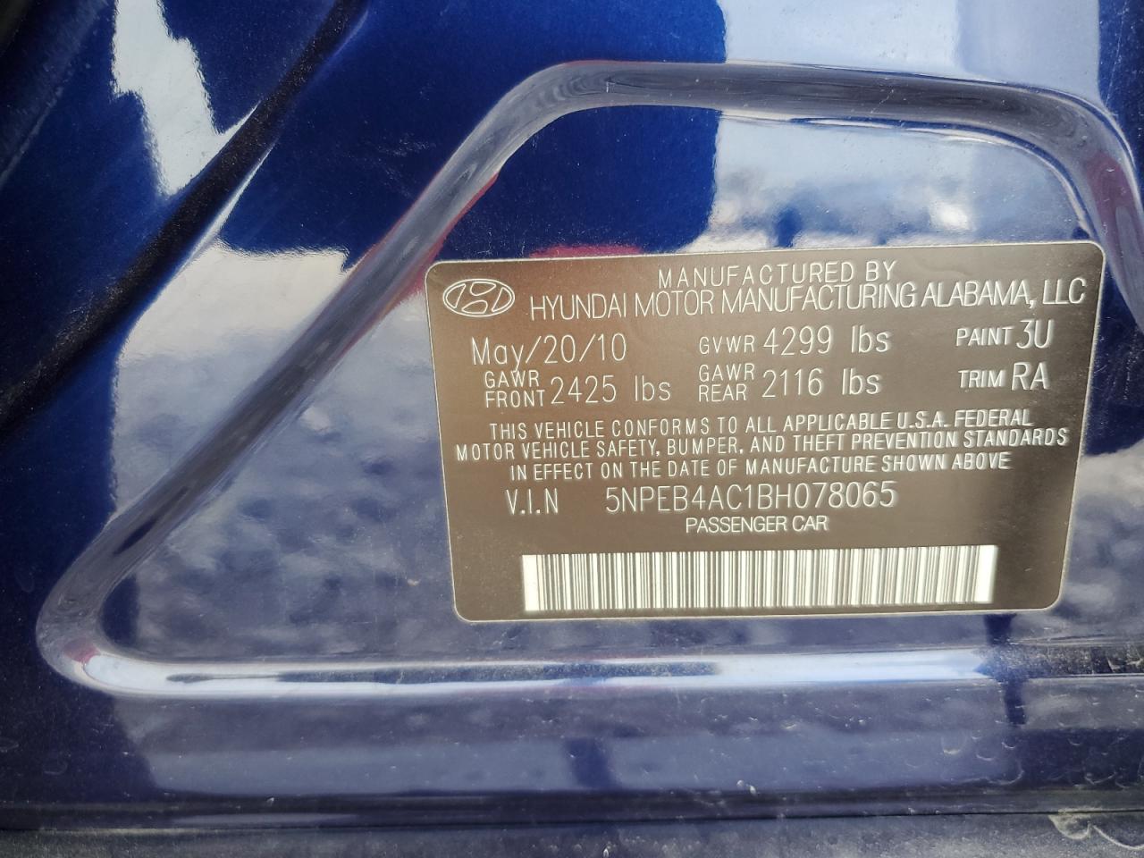 2011 Hyundai Sonata Gls VIN: 5NPEB4AC1BH078065 Lot: 77807284