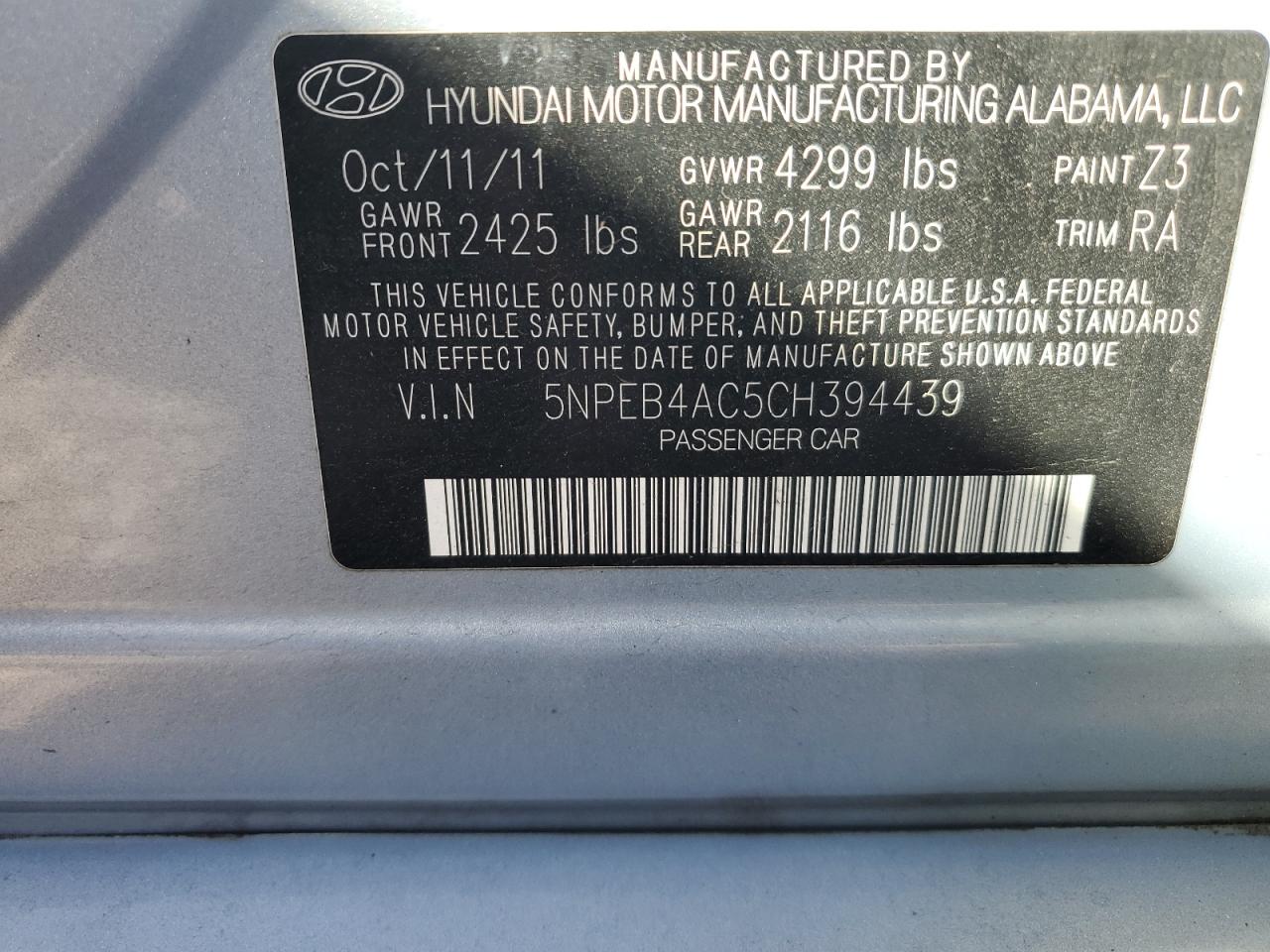 5NPEB4AC5CH394439 2012 Hyundai Sonata Gls