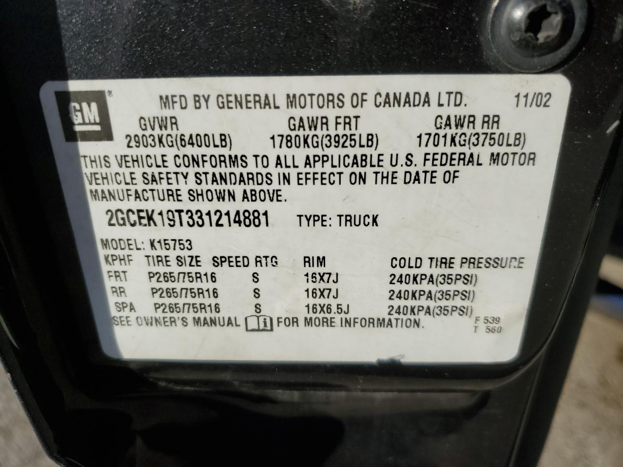 2GCEK19T331214881 2003 Chevrolet Silverado K1500