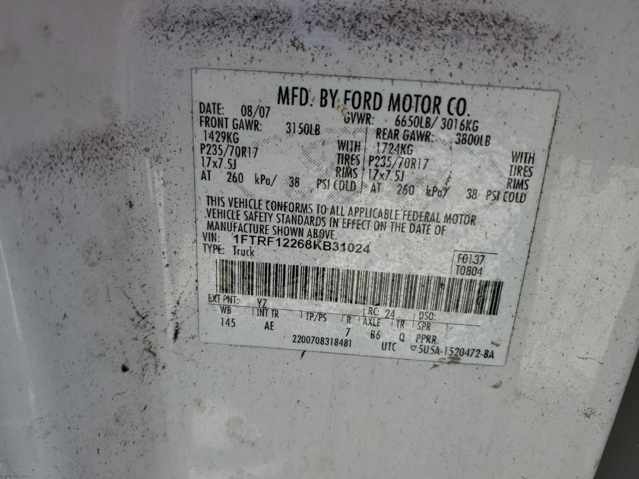 2008 Ford F150 VIN: 1FTRF12268KB31024 Lot: 76568144