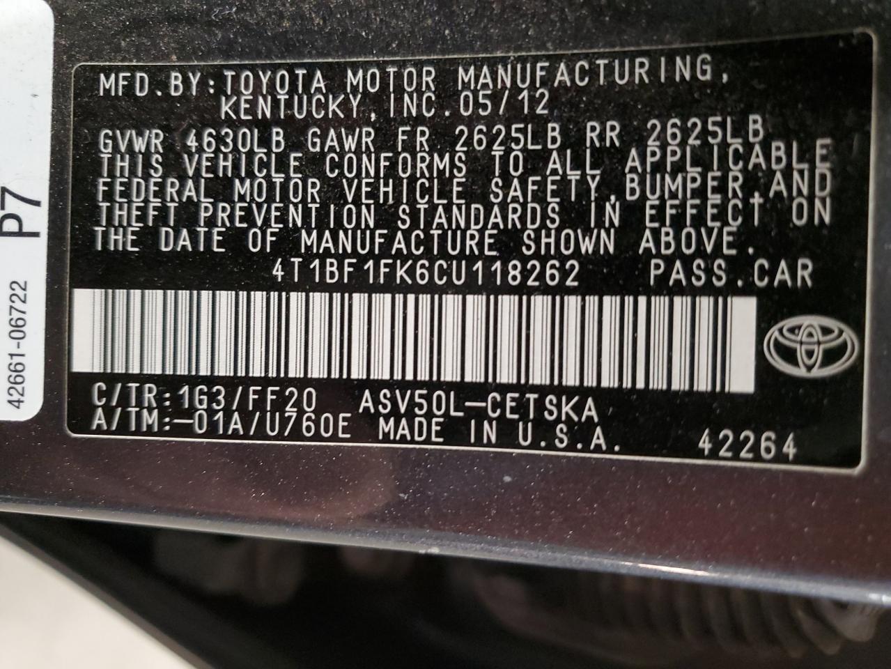 2012 Toyota Camry Base VIN: 4T1BF1FK6CU118262 Lot: 76699894