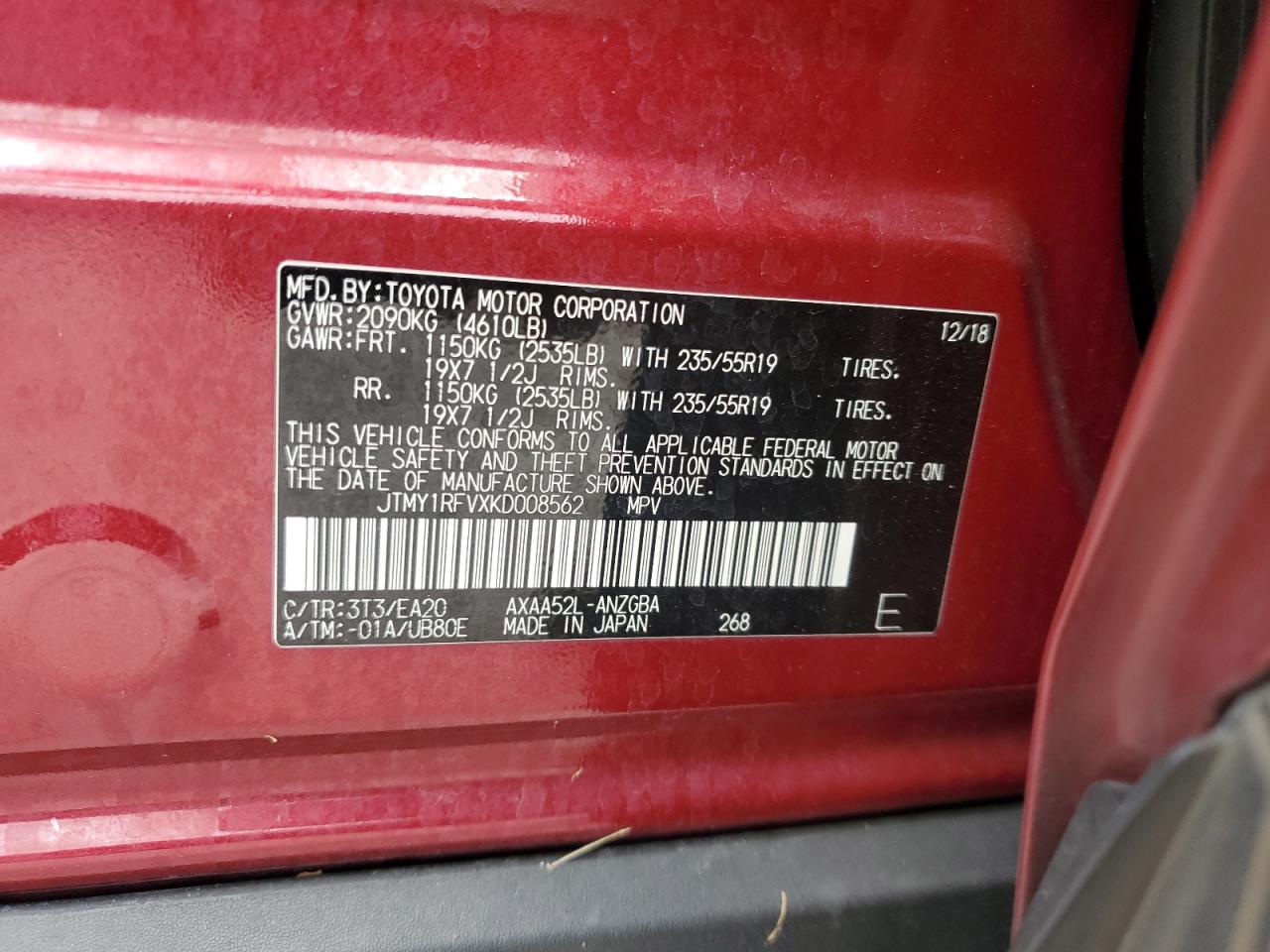 JTMY1RFVXKD008562 2019 Toyota Rav4 Limited