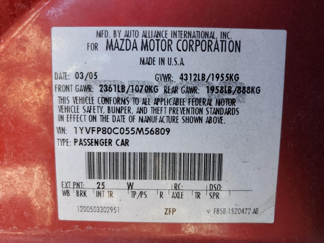 1YVFP80C055M56809 2005 Mazda 6 I