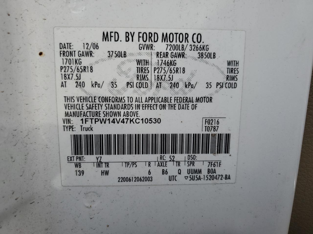 1FTPW14V47KC10530 2007 Ford F150 Supercrew