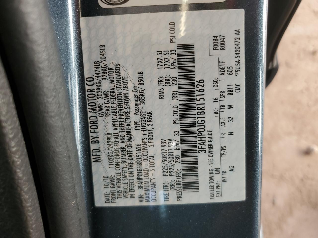 2011 Ford Fusion Sel VIN: 3FAHP0JG1BR151626 Lot: 74472484