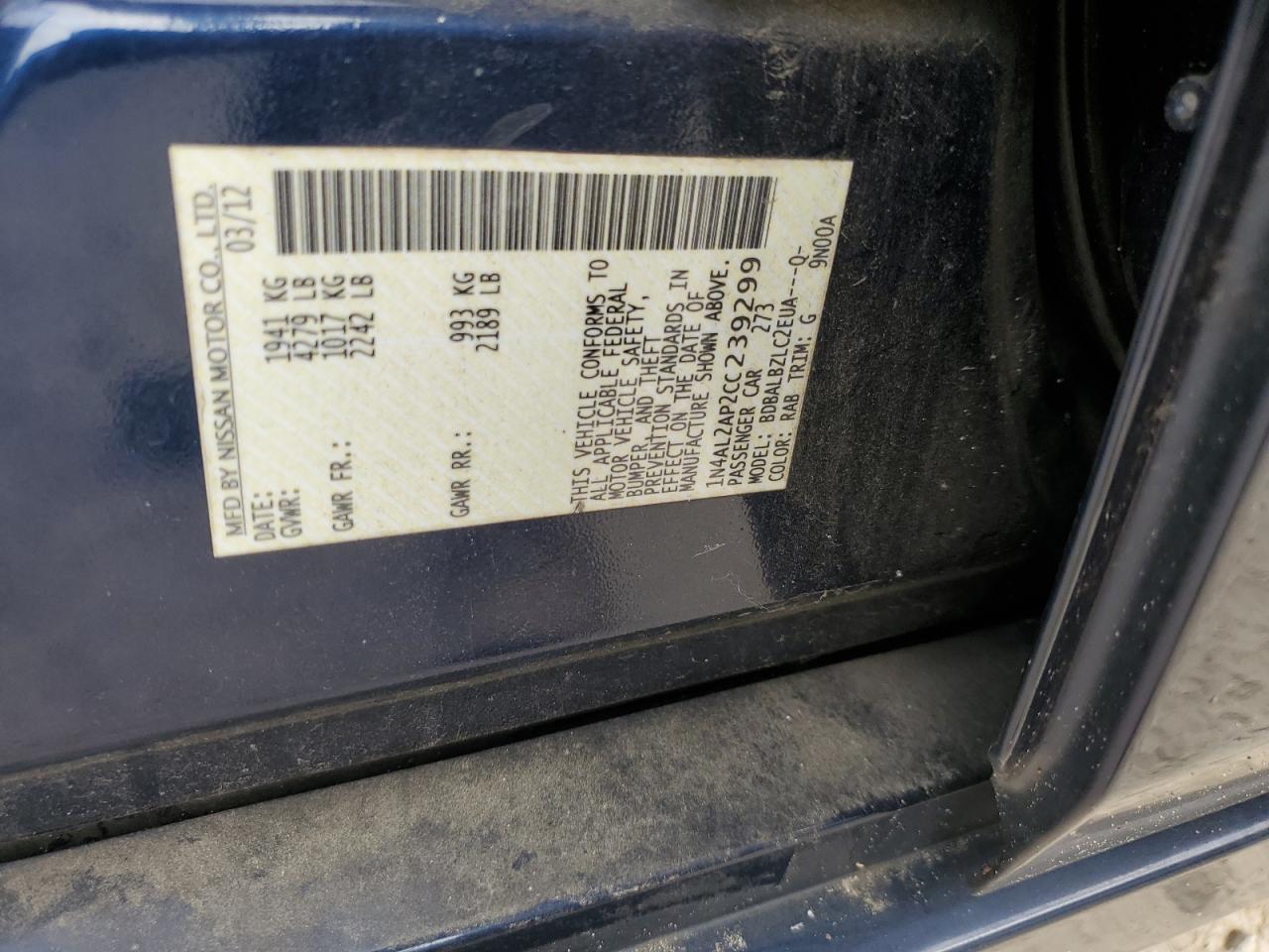 1N4AL2AP2CC239299 2012 Nissan Altima Base