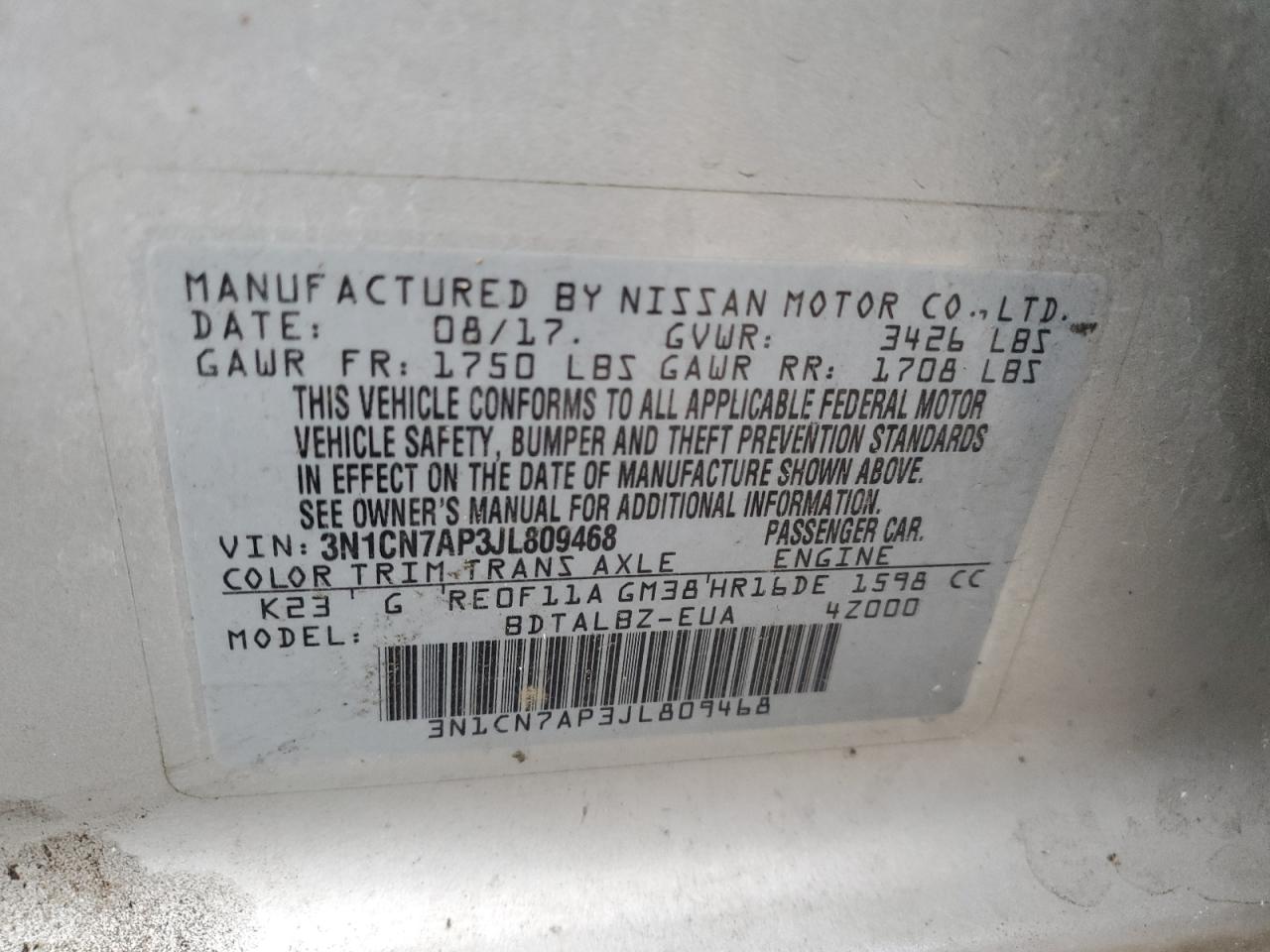 3N1CN7AP3JL809468 2018 Nissan Versa S