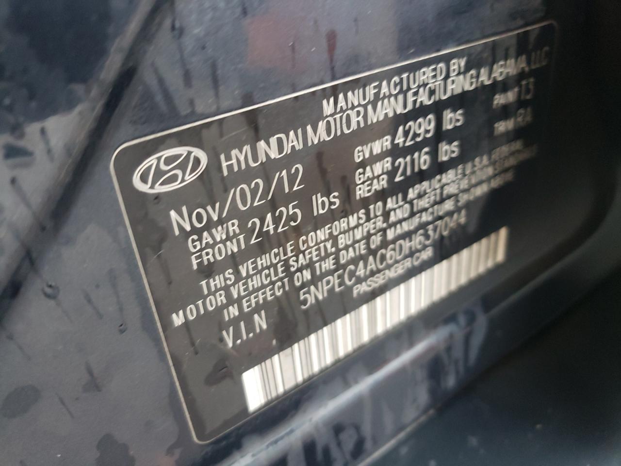 VIN 5NPEC4AC6DH637044 2013 HYUNDAI SONATA no.13