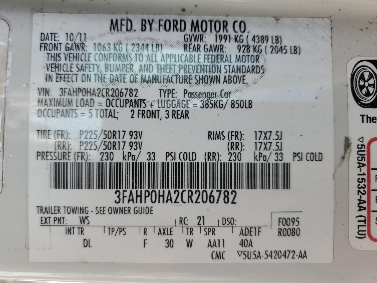 3FAHP0HA2CR206782 2012 Ford Fusion Se