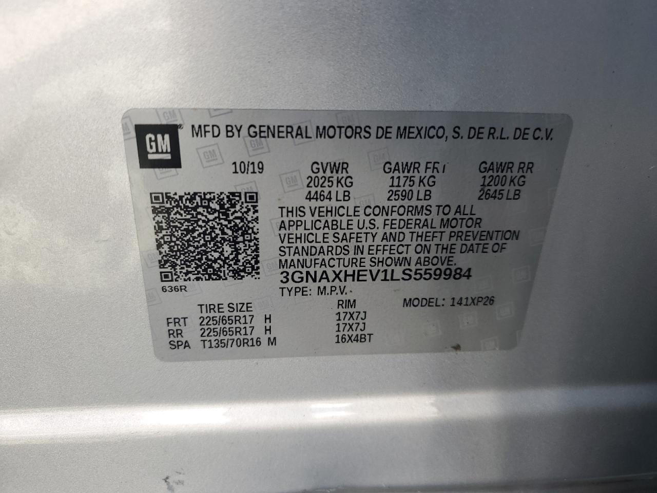 2020 Chevrolet Equinox Ls VIN: 3GNAXHEV1LS559984 Lot: 74612414