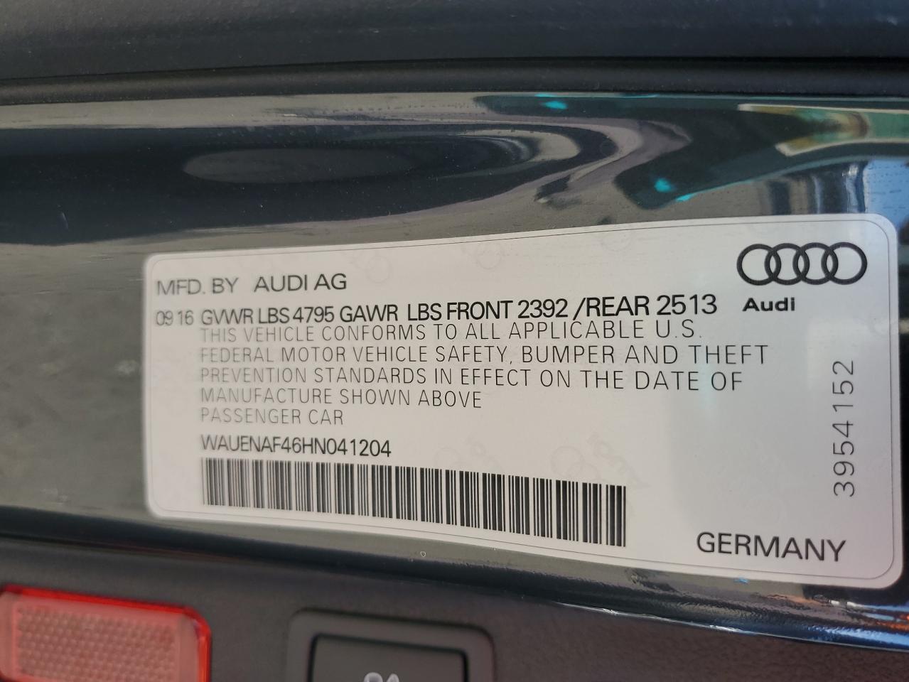 2017 Audi A4 Premium Plus VIN: WAUENAF46HN041204 Lot: 78012884