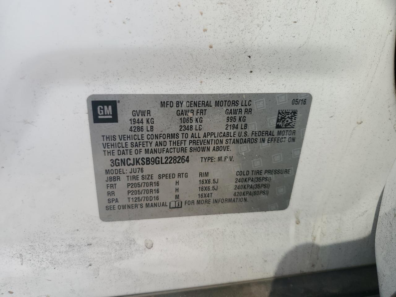 2016 Chevrolet Trax Ls VIN: 3GNCJKSB9GL228264 Lot: 57712994