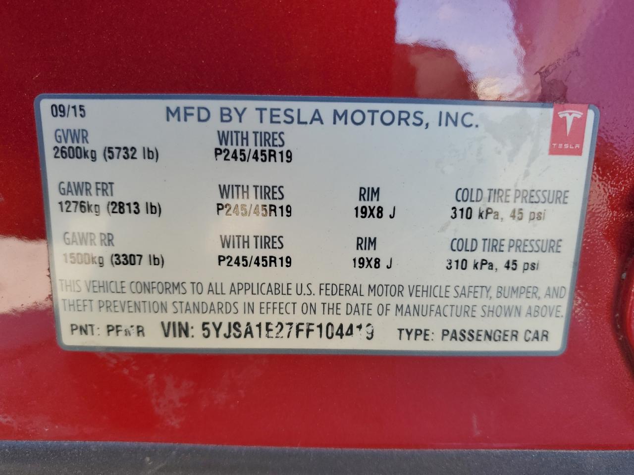 2015 Tesla Model S VIN: 5YJSA1E27FF104419 Lot: 77605194