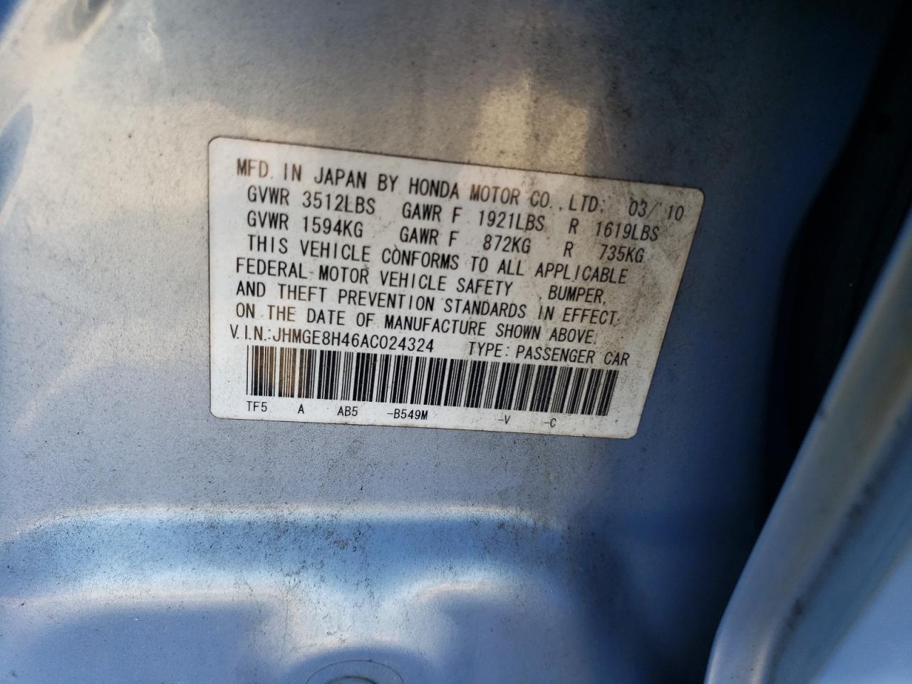 JHMGE8H46AC024324 2010 Honda Fit Sport