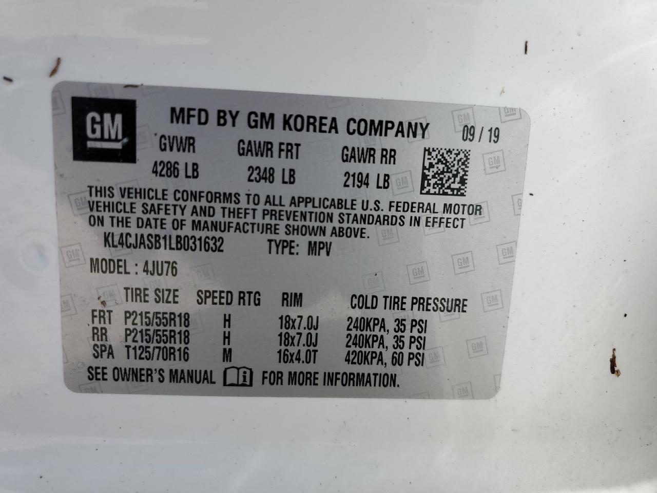 2020 Buick Encore Preferred VIN: KL4CJASB1LB031632 Lot: 75168164