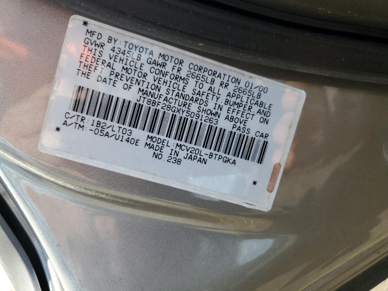 2000 Lexus Es 300 VIN: JT8BF28GXY5091263 Lot: 61767595
