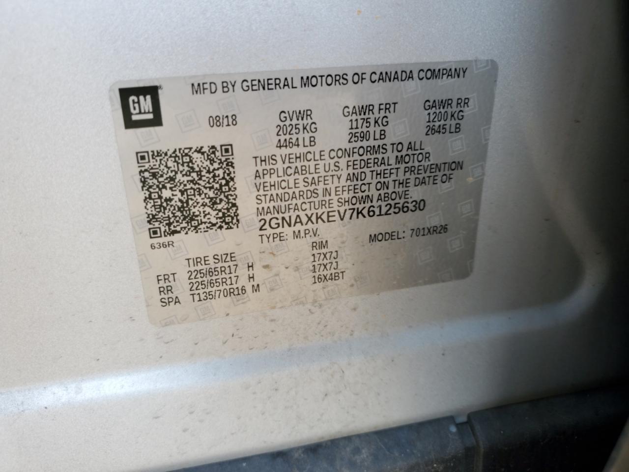 2GNAXKEV7K6125630 2019 Chevrolet Equinox Lt