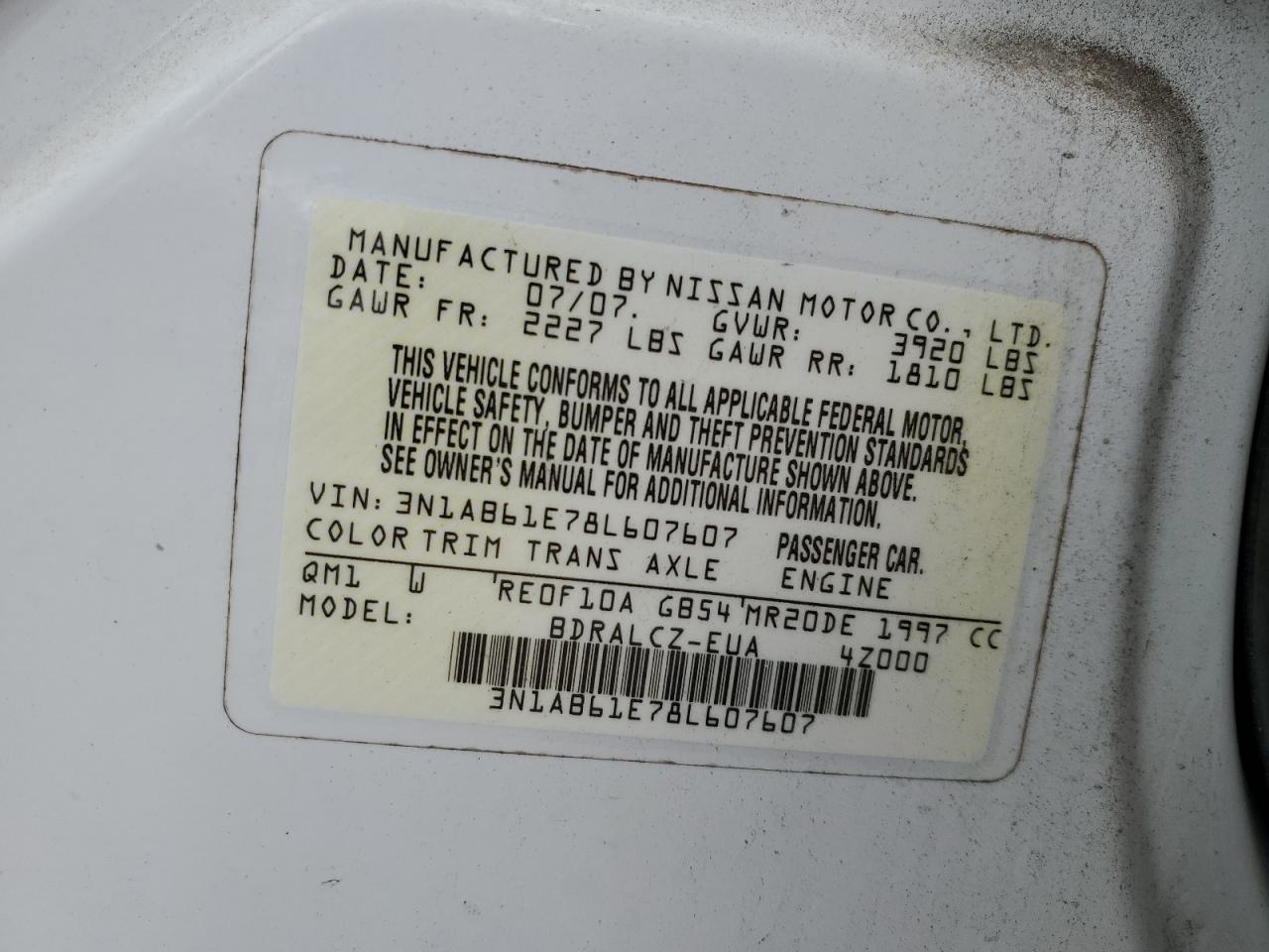 2008 Nissan Sentra 2.0 VIN: 3N1AB61E78L607607 Lot: 77164194