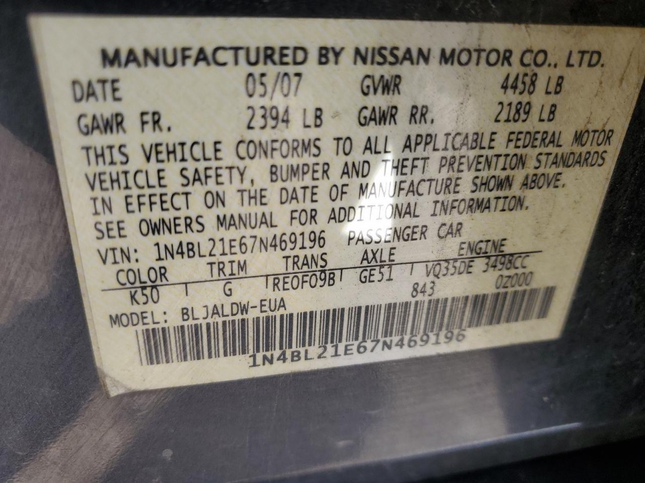 2007 Nissan Altima 3.5Se VIN: 1N4BL21E67N469196 Lot: 73937394