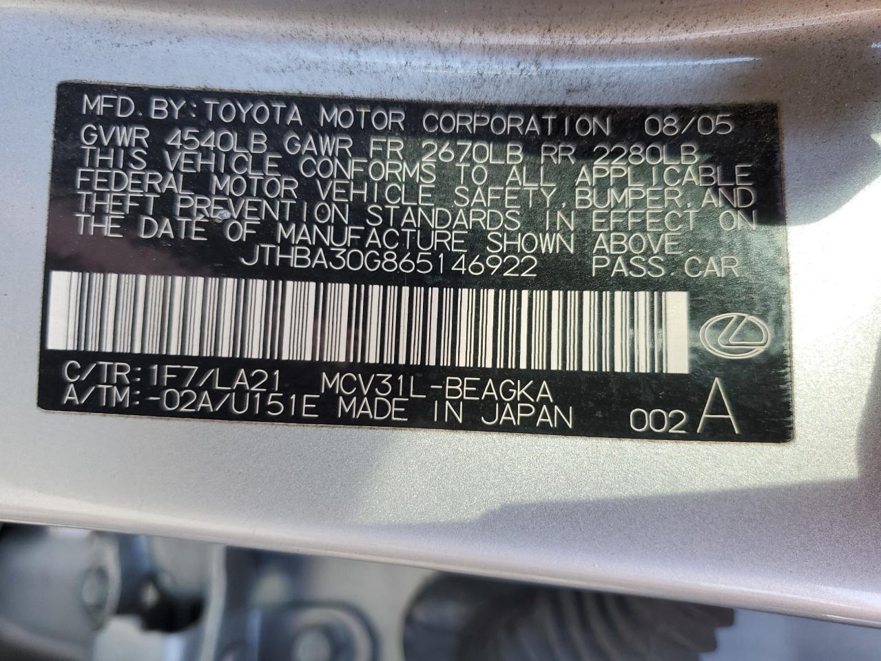 JTHBA30G865146922 2006 Lexus Es 330