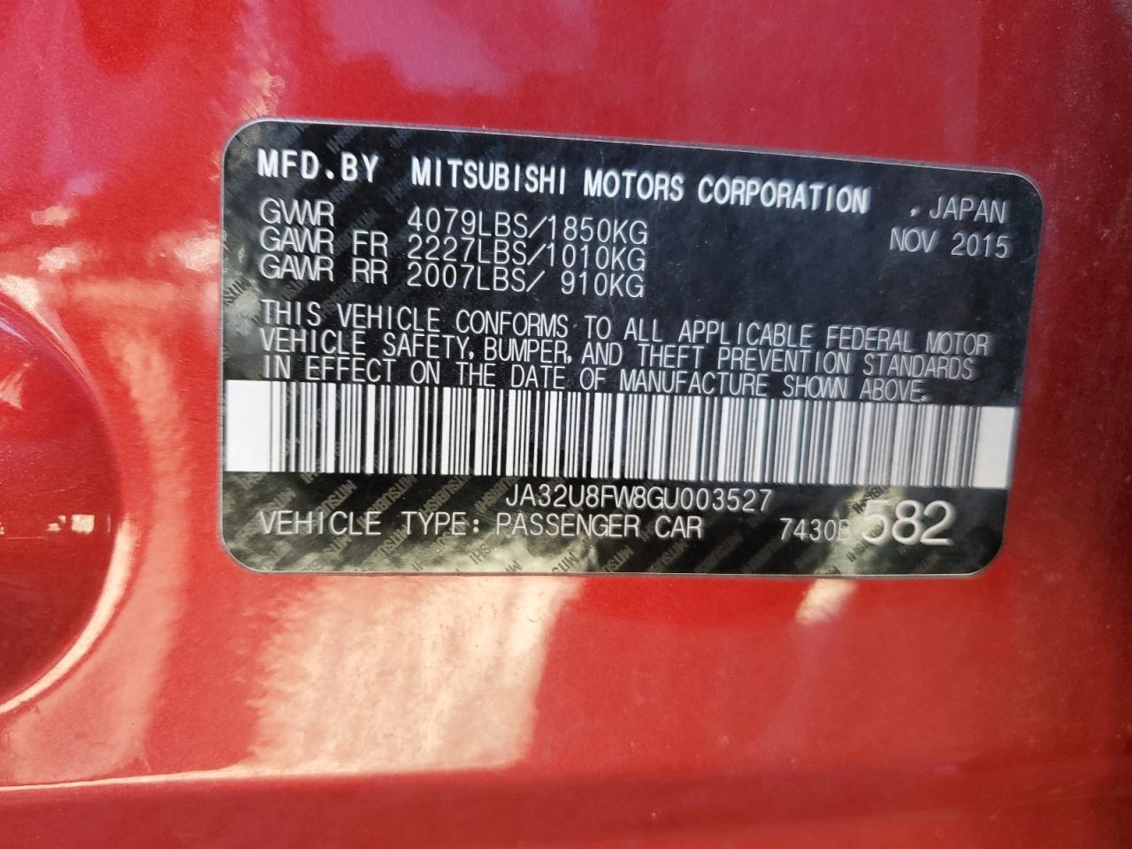 2016 Mitsubishi Lancer Gt VIN: JA32U8FW8GU003527 Lot: 74921764