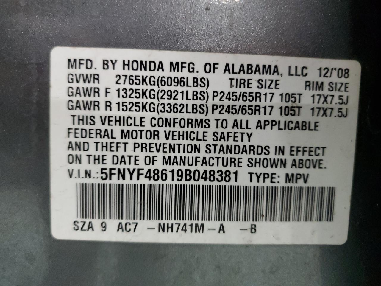 5FNYF48619B048381 2009 Honda Pilot Exl