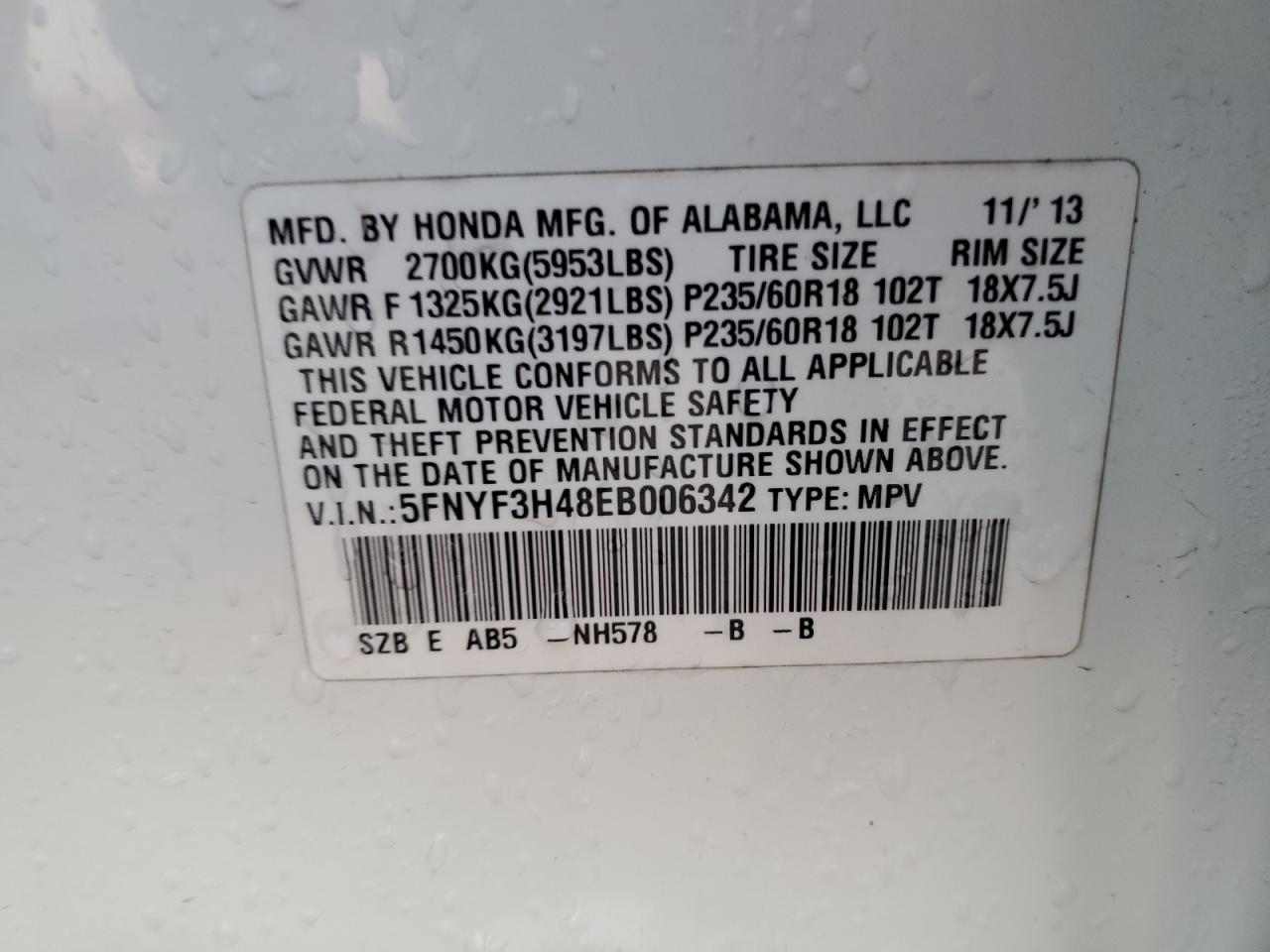 5FNYF3H48EB006342 2014 Honda Pilot Ex