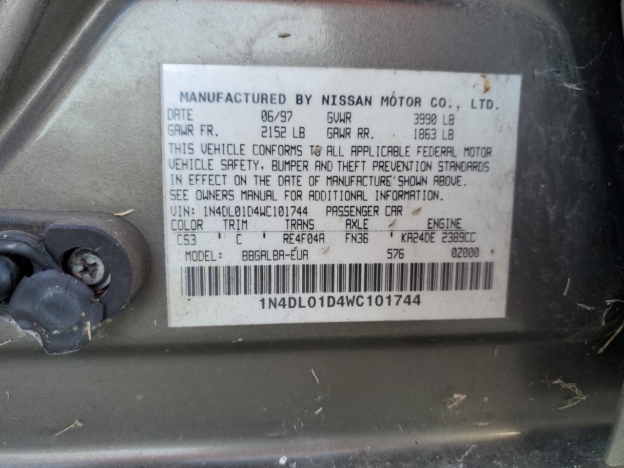 1998 Nissan Altima Xe VIN: 1N4DL01D4WC101744 Lot: 75095984