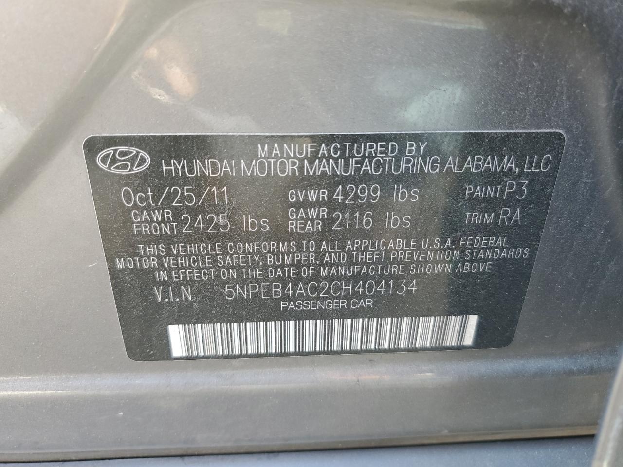 2012 Hyundai Sonata Gls VIN: 5NPEB4AC2CH404134 Lot: 75757854