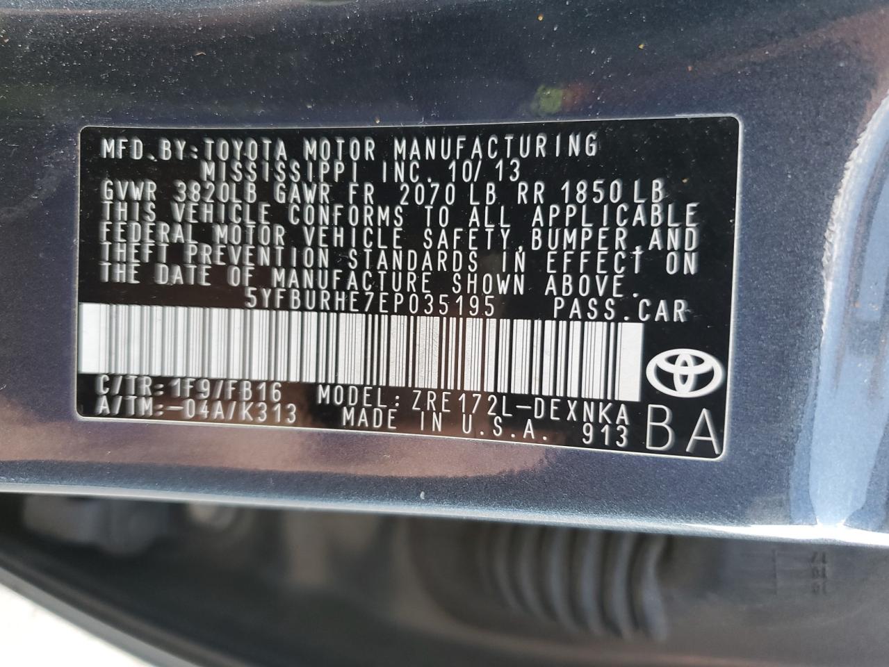 2014 Toyota Corolla L VIN: 5YFBURHE7EP035195 Lot: 74321644