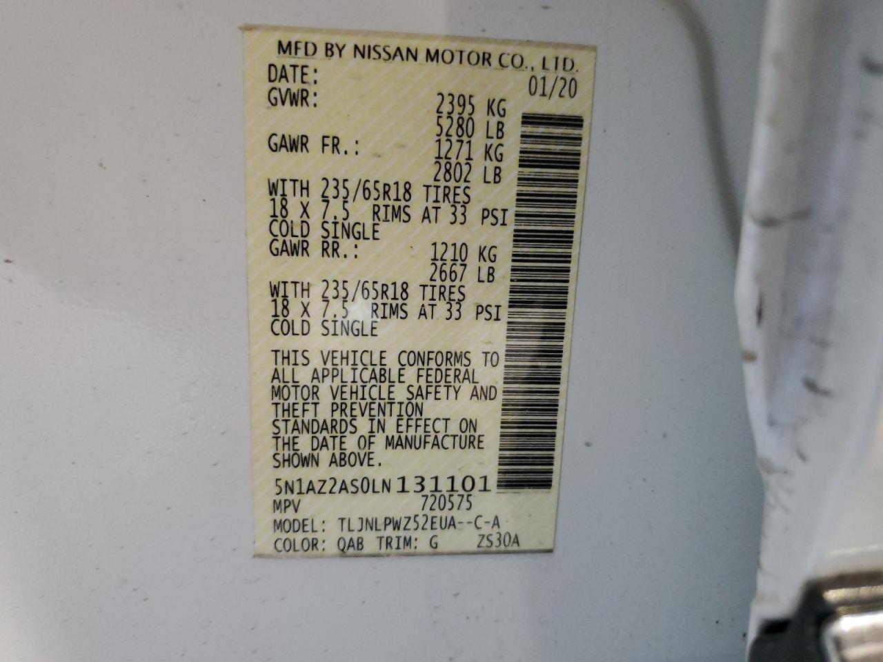 5N1AZ2AS0LN131101 2020 Nissan Murano S