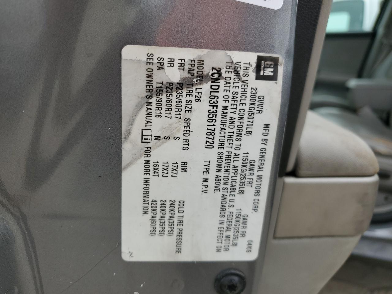 2CNDL63F356178720 2005 Chevrolet Equinox Lt