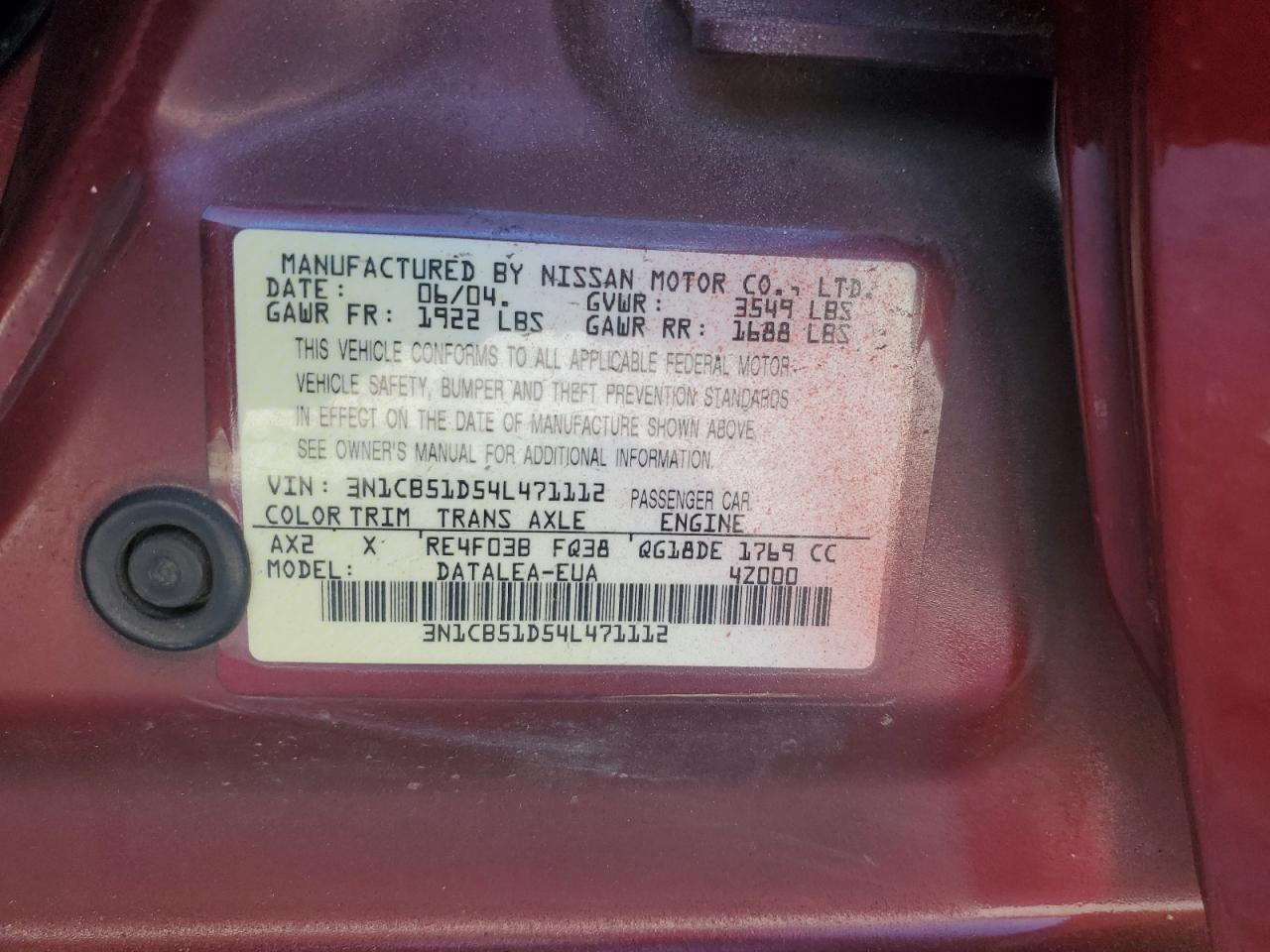 3N1CB51D54L471112 2004 Nissan Sentra 1.8