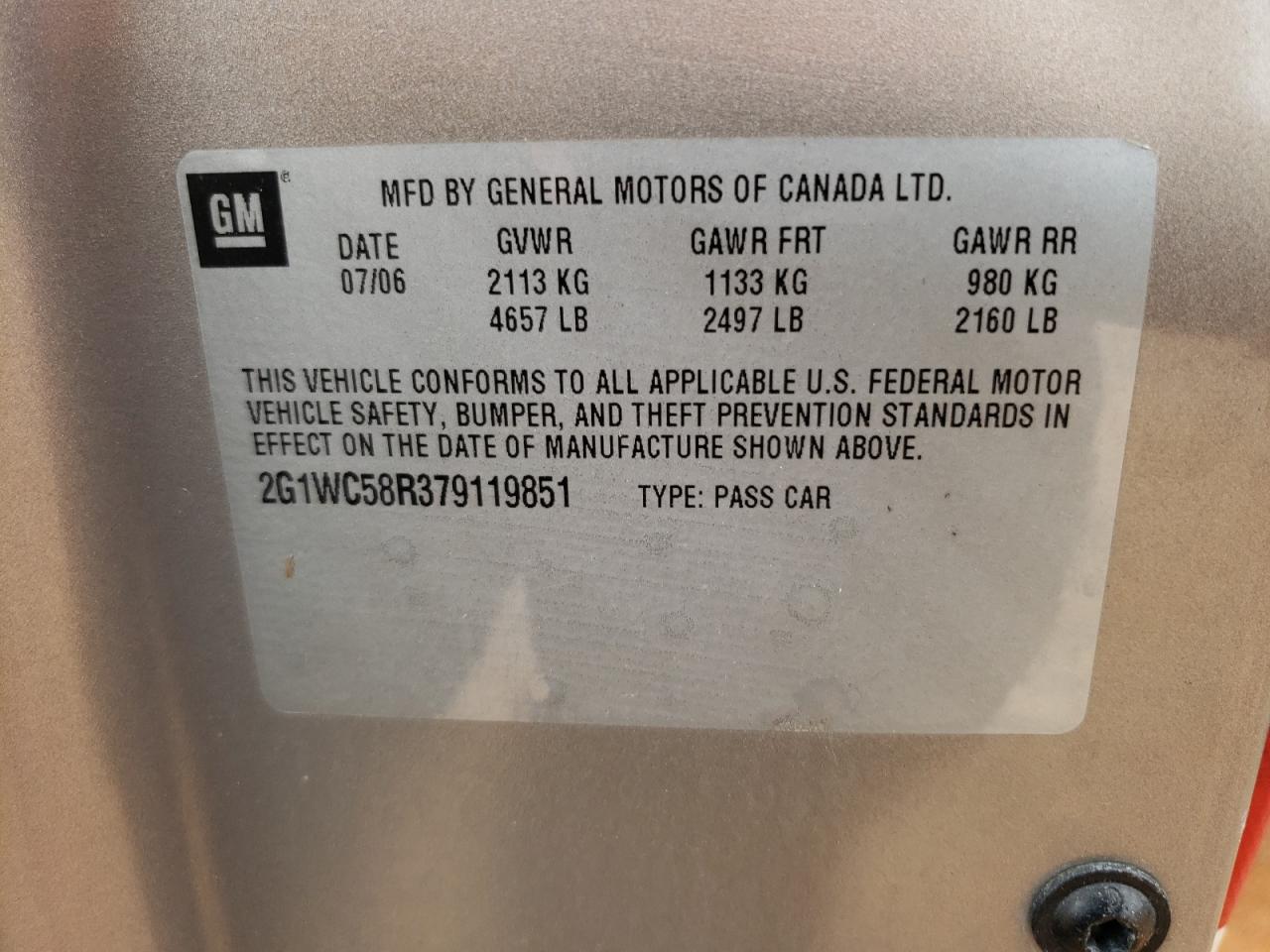 2007 Chevrolet Impala Lt VIN: 2G1WC58R379119851 Lot: 73961894