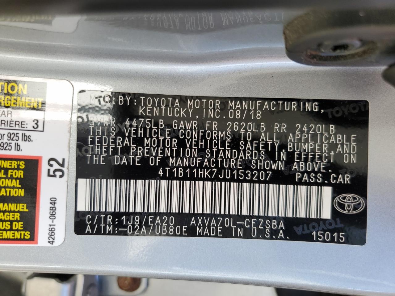 4T1B11HK7JU153207 2018 Toyota Camry L