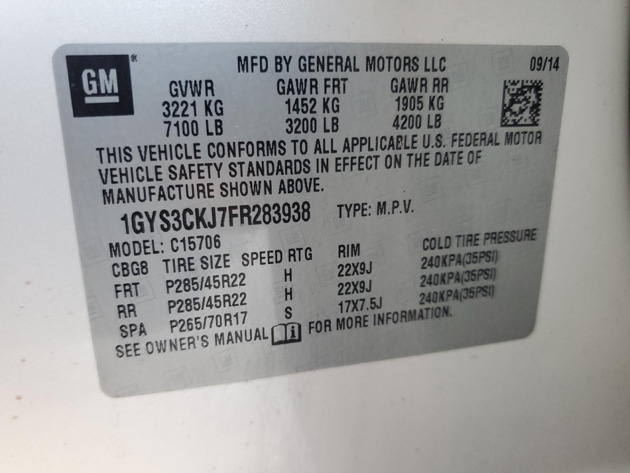 1GYS3CKJ7FR283938 2015 Cadillac Escalade Premium